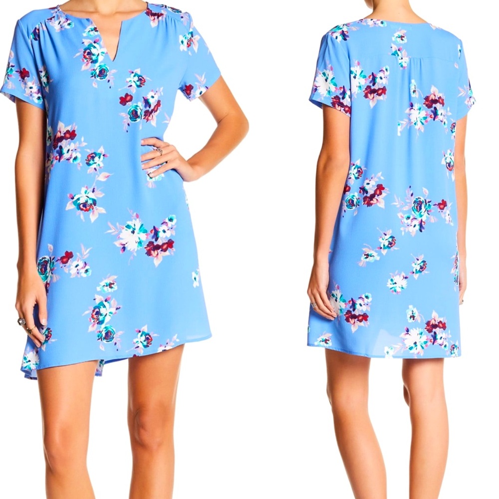Lush Split Neck Floral Print Short Sleeve Dress